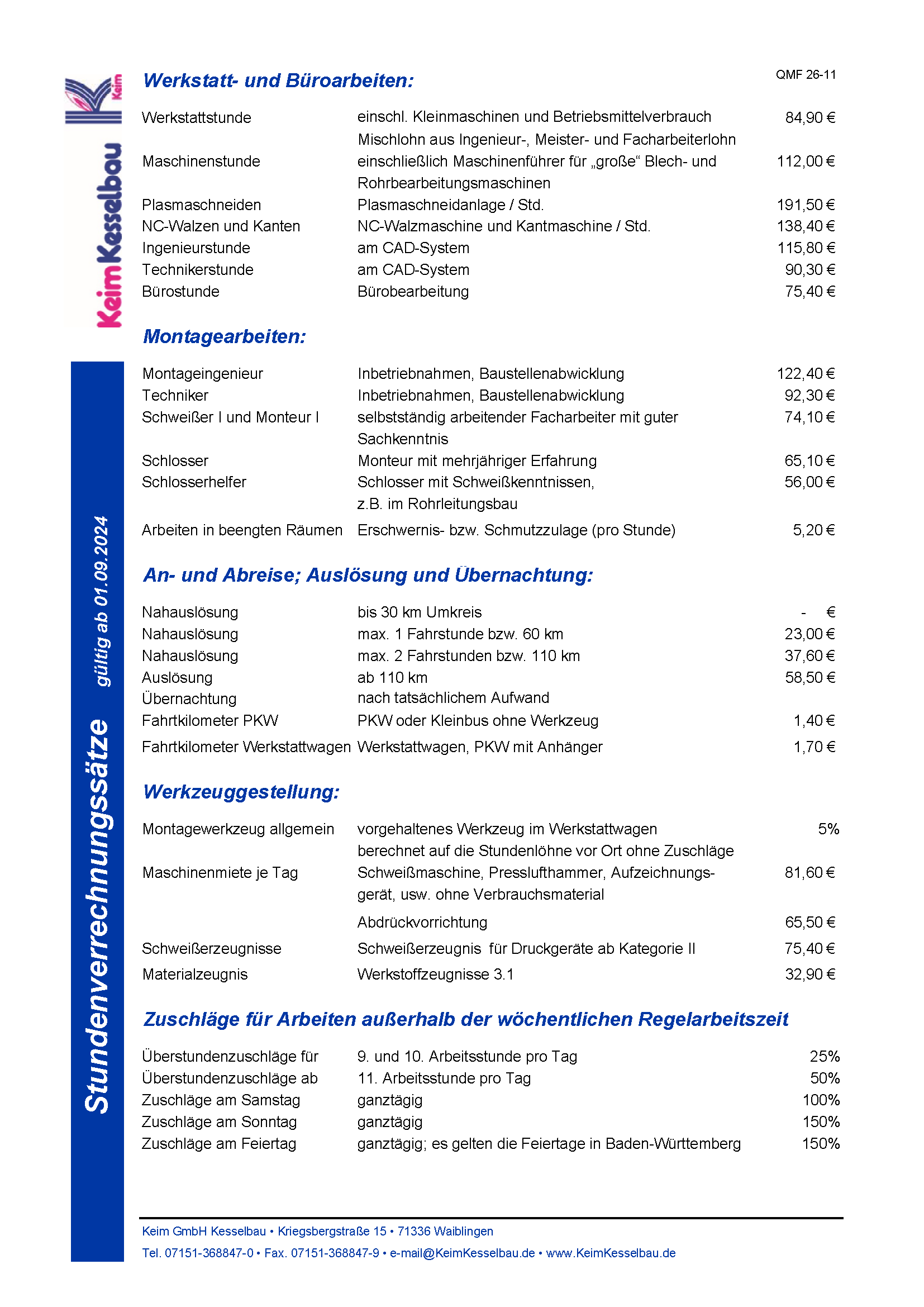 QMF 26 11 Stundenverrechnungssätze 2024